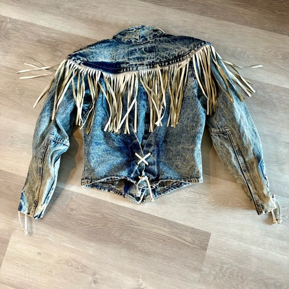Vintage Denim and White Leather Fringe Removable Shoulder Pads Sz M - Picture 5 of 9